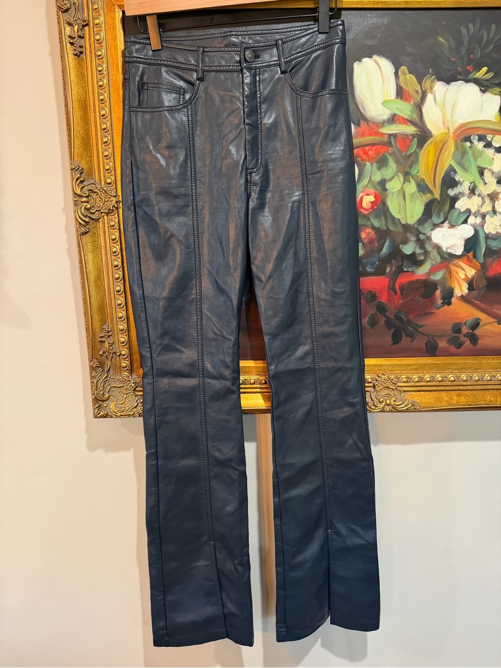 cinq a sept Navy 100% Viscose with Polyurethane coating Leather pants